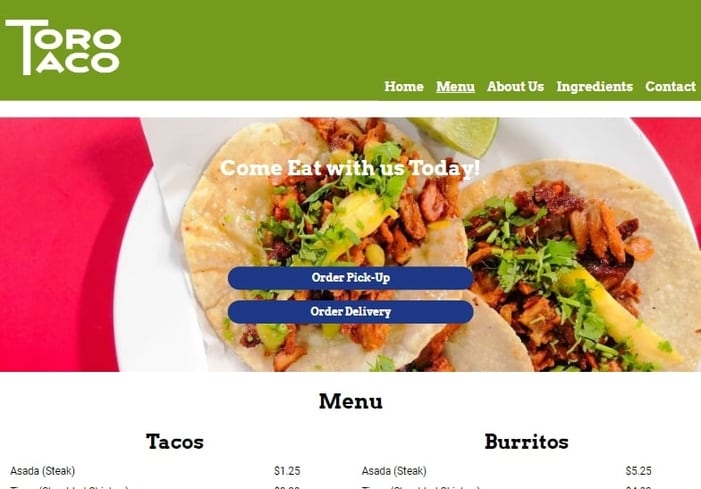 Toro Taco homepage